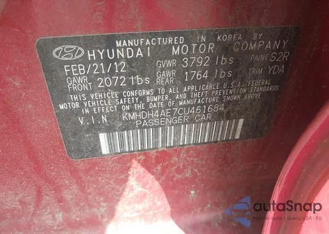 2012 Hyundai Elantra Gls (Ulsan Plant) from USA, damaged, VIN KMHDH4AE7CU461684